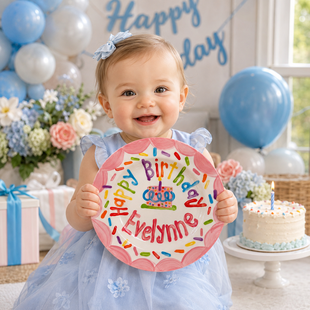 Personalized Birthday Plate – Pink Scalloped Border, Colorful Sprinkles & Polka Dot Cake Design | BHL019