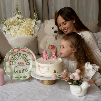Sage Gingham Edge Birthday Plate, Hand-Painted Pink Ribbon & Cake Design, Custom Name Ceramic Plate | B036