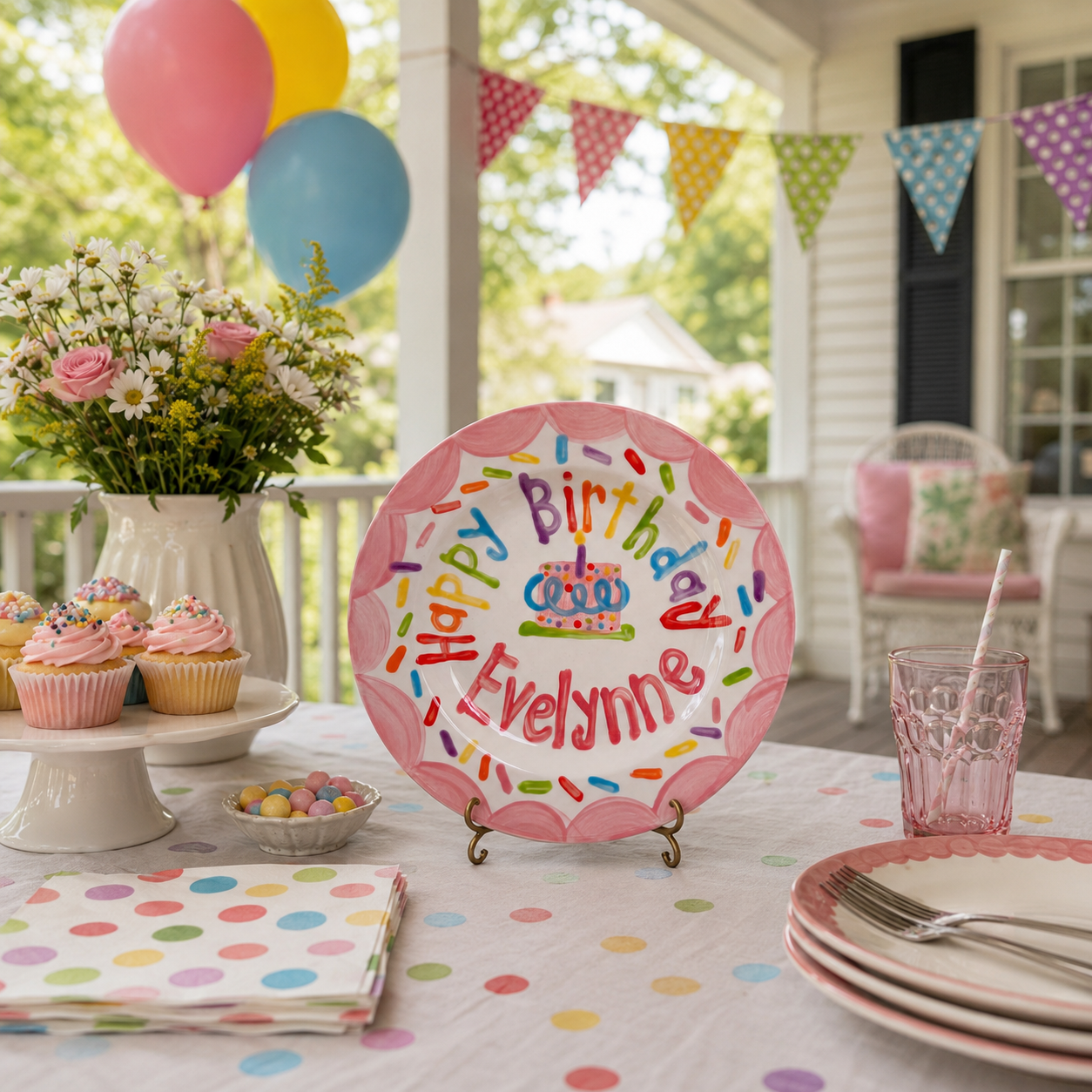 Personalized Birthday Plate – Pink Scalloped Border, Colorful Sprinkles & Polka Dot Cake Design | BHL019