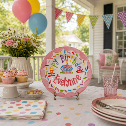 Personalized Birthday Plate – Pink Scalloped Border, Colorful Sprinkles & Polka Dot Cake Design | BHL019