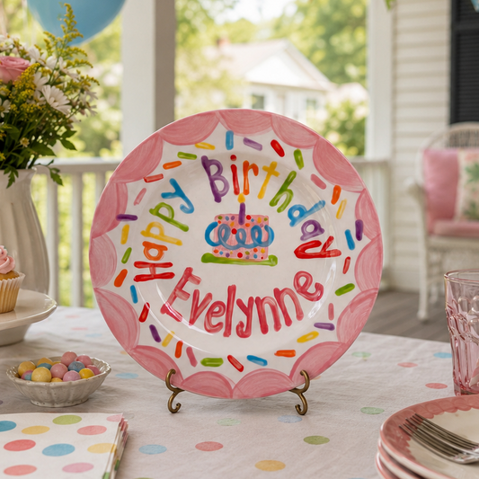 Custom Name Birthday Plate – Pink Scalloped Sprinkle Cake Design | BHL019