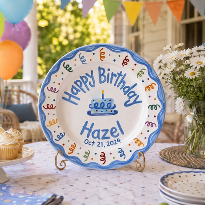Personalized Birthday Plate Girl, Custom Blue Scallop Dish, Hand Painted Ceramic Cake Plate, Heirloom Birthday Tradition Gift | B093