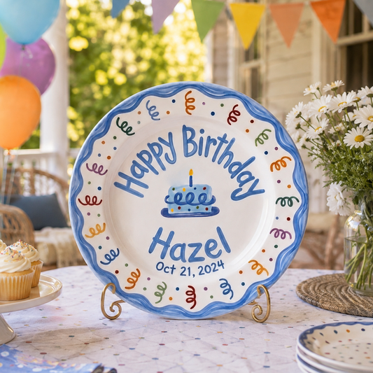 Personalized Birthday Plate Girl, Custom Blue Scallop Dish, Hand Painted Ceramic Cake Plate, Heirloom Birthday Tradition Gift | B093