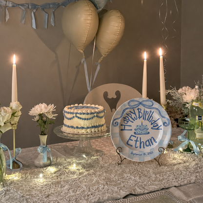Blue Gingham Edge Birthday Plate, Hand-Painted Blue Ribbon & Cake Design, Custom Name Ceramic Plate | B012