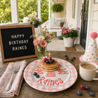 Custom Name Birthday Plate – Pink Gingham Floral Cake Design | B065
