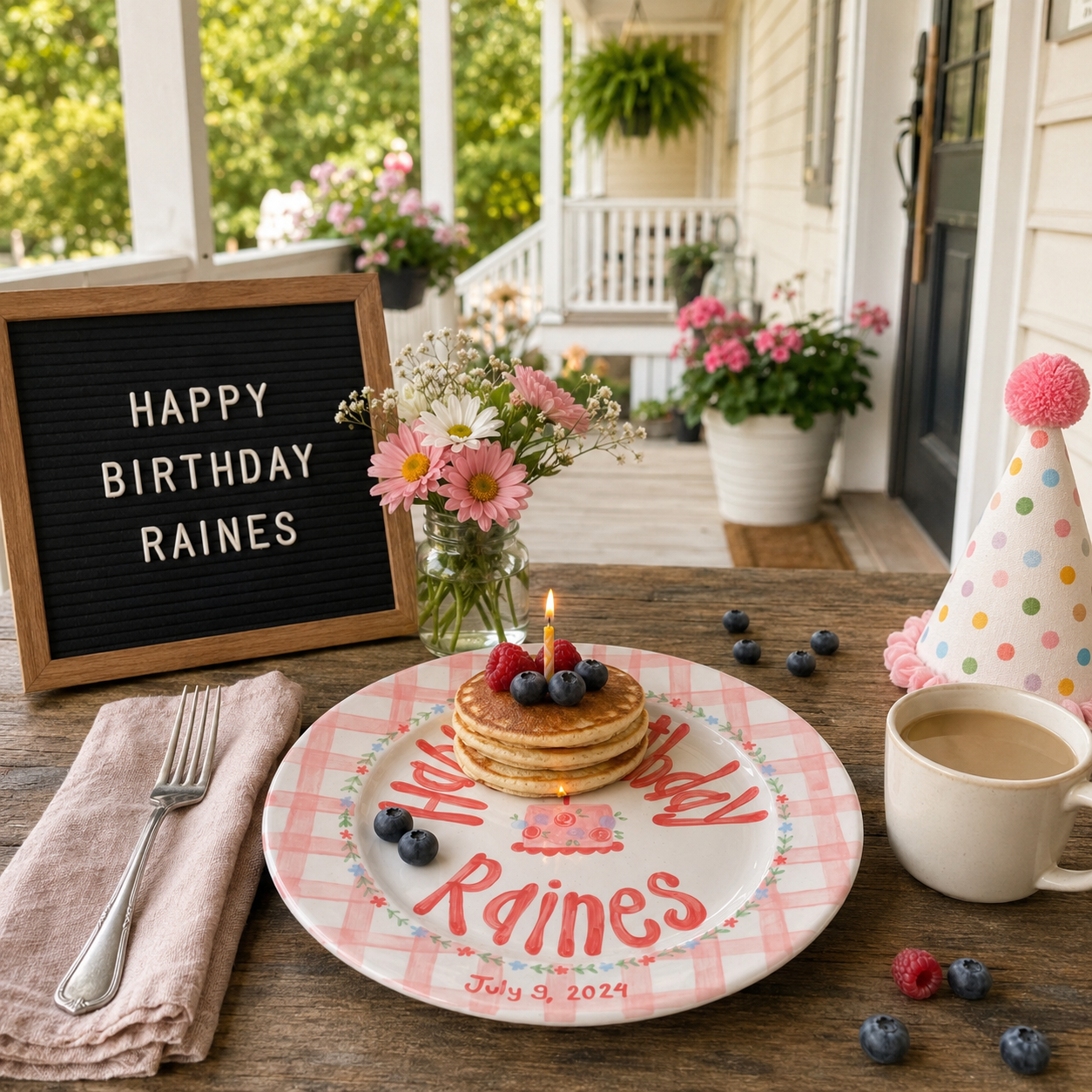 Custom Name Birthday Plate – Pink Gingham Floral Cake Design | B065