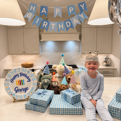 Custom Name Birthday Plate – Light Blue Stripe Rim with Birthday Candles | BGI004