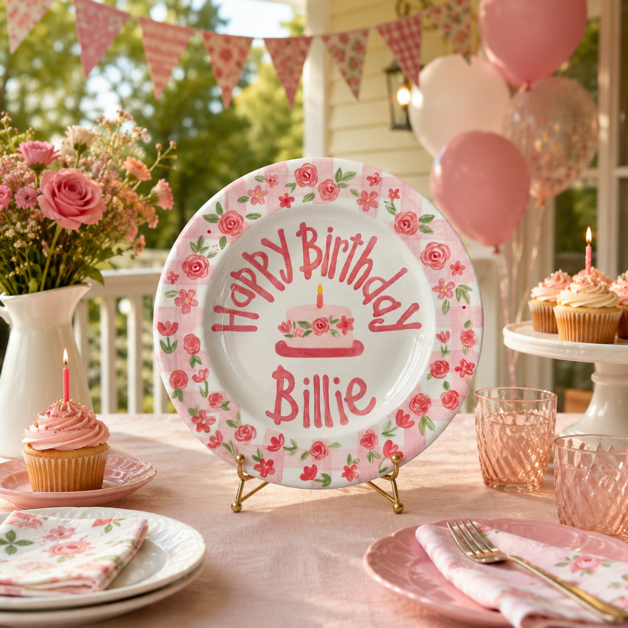 Hand-Painted Floral Wreath Ceramic Birthday Plate, Pink Gingham Border, Personalized Name Keepsake, Party Decor | B038