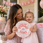 Custom Name Birthday Plate – Pink Gingham Floral Cake Design | B065