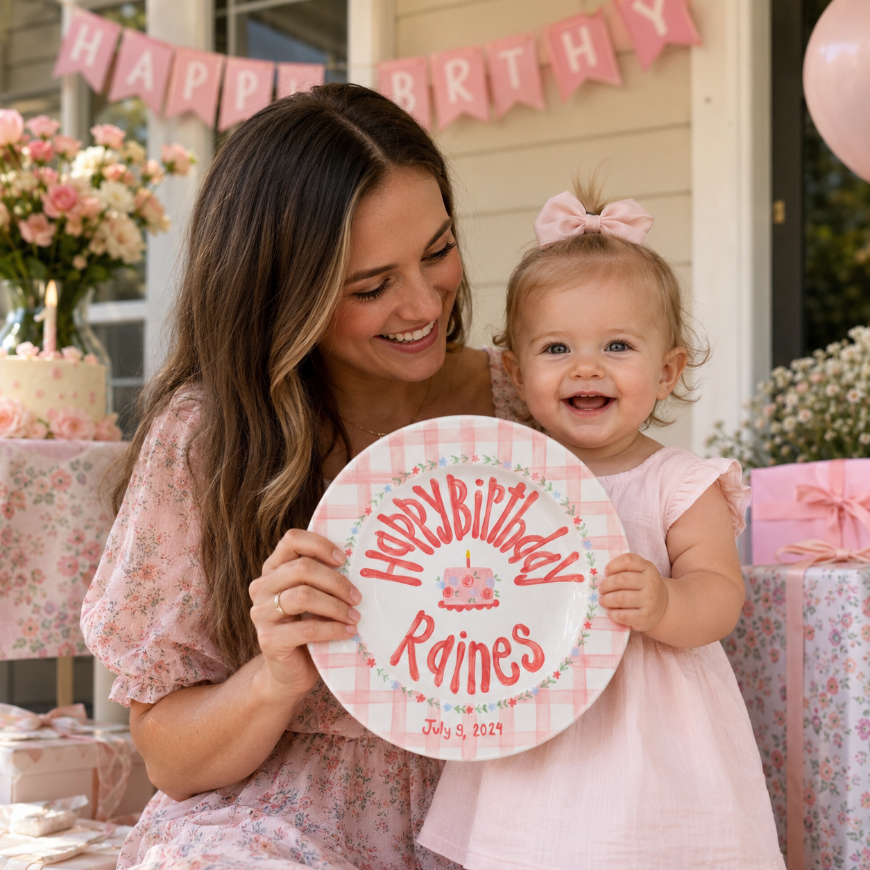 Custom Name Birthday Plate – Pink Gingham Floral Cake Design | B065