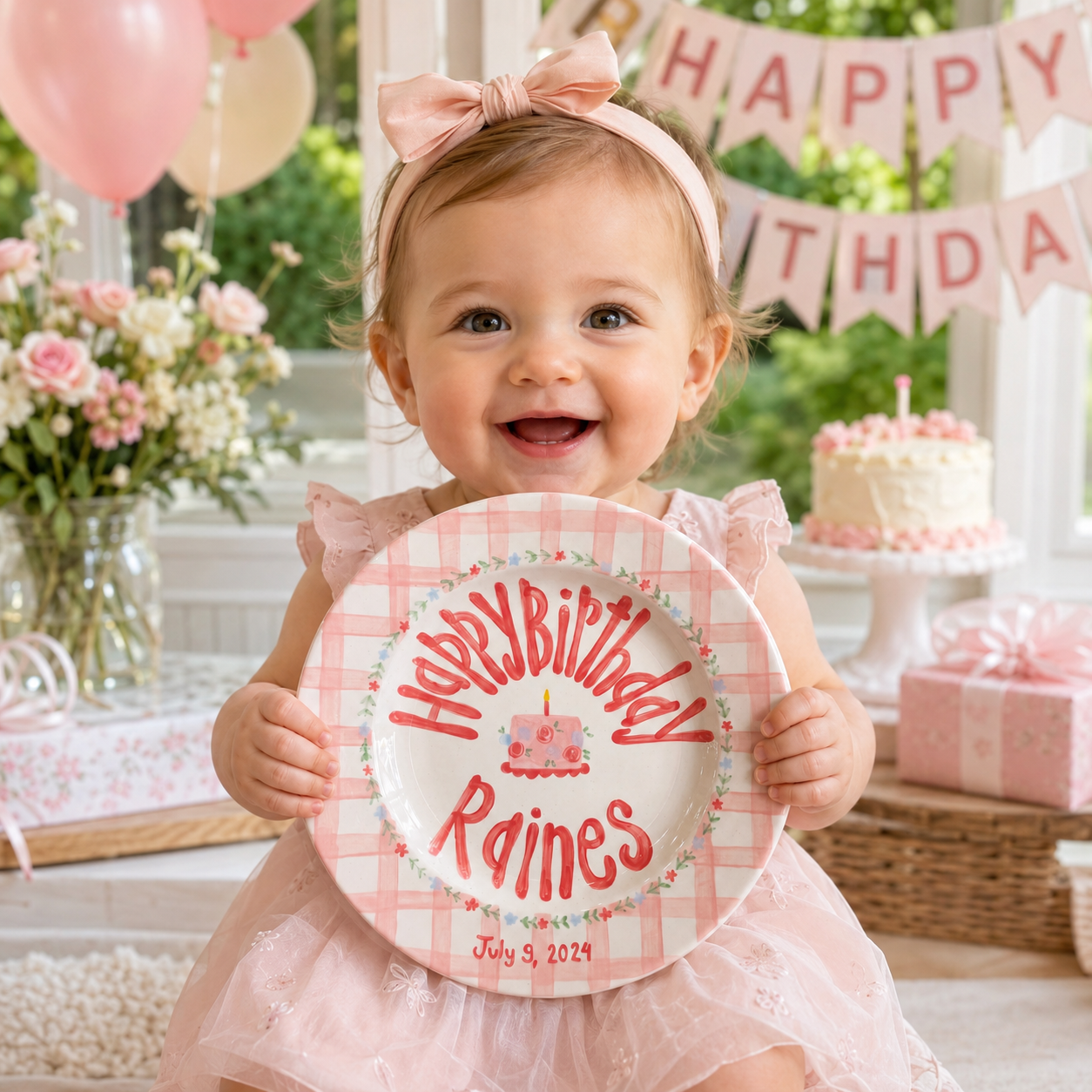Custom Name Birthday Plate – Pink Gingham Floral Cake Design | B065