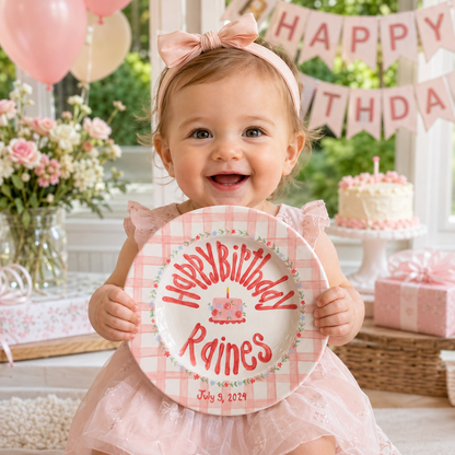 Custom Name Birthday Plate – Pink Gingham Floral Cake Design | B065
