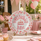 Hand-Painted Floral Wreath Ceramic Birthday Plate, Pink Gingham Border, Personalized Name Keepsake, Party Decor | B038