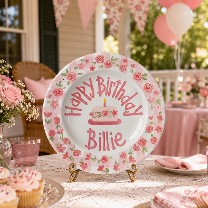 Hand-Painted Floral Wreath Ceramic Birthday Plate, Pink Gingham Border, Personalized Name Keepsake, Party Decor | B038