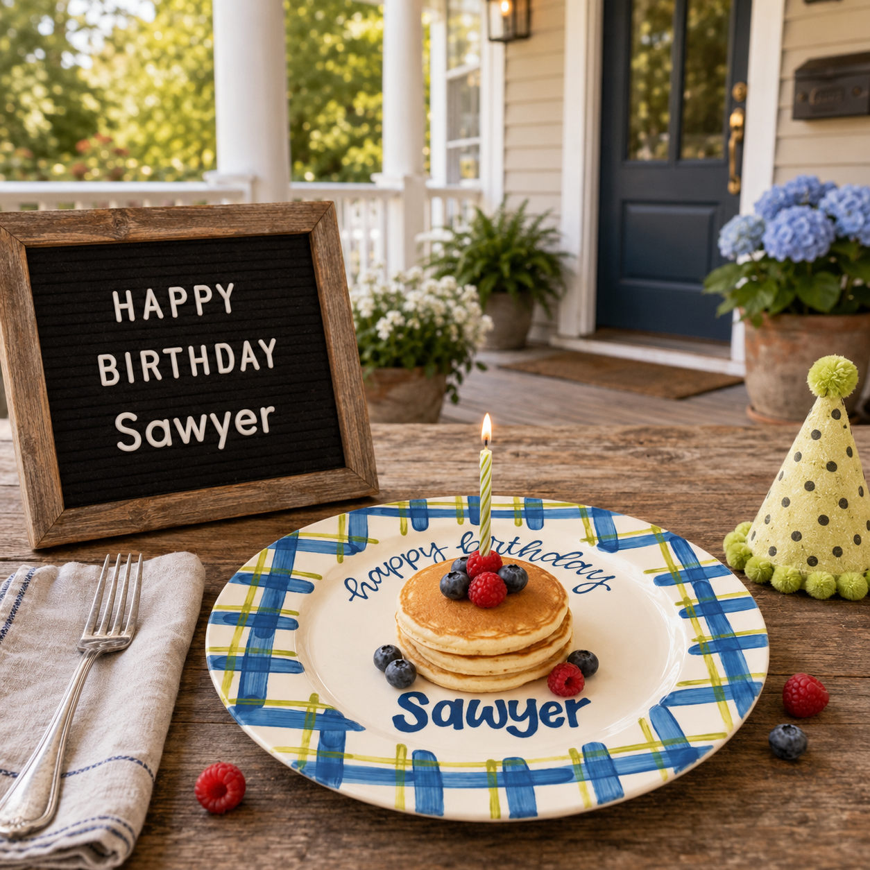 Personalized Birthday Plate – Custom Name with Blue Green Checkered Border – Birthday Celebration | BGI006
