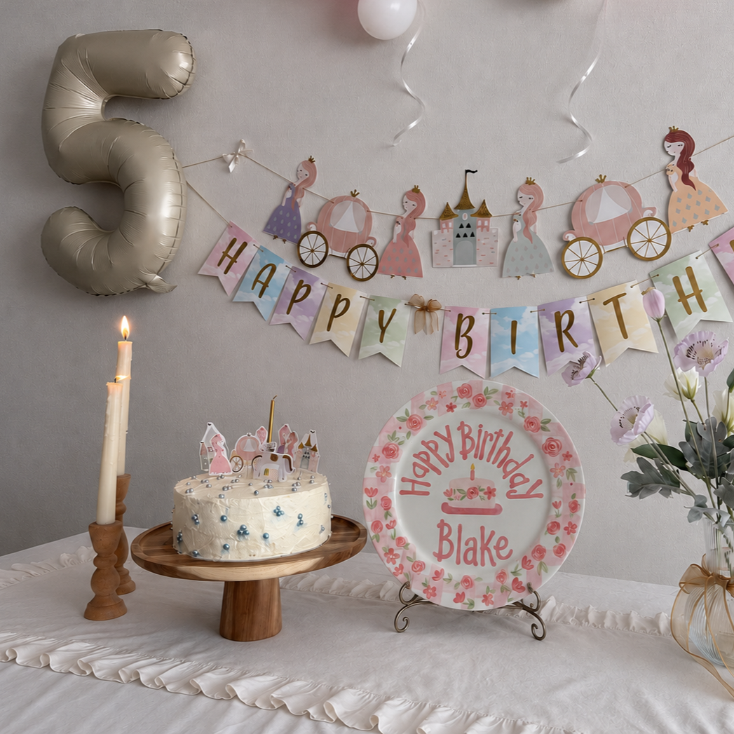 Hand-Painted Floral Wreath Ceramic Birthday Plate, Pink Gingham Border, Personalized Name Keepsake, Party Decor | B038