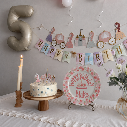 Hand-Painted Floral Wreath Ceramic Birthday Plate, Pink Gingham Border, Personalized Name Keepsake, Party Decor | B038