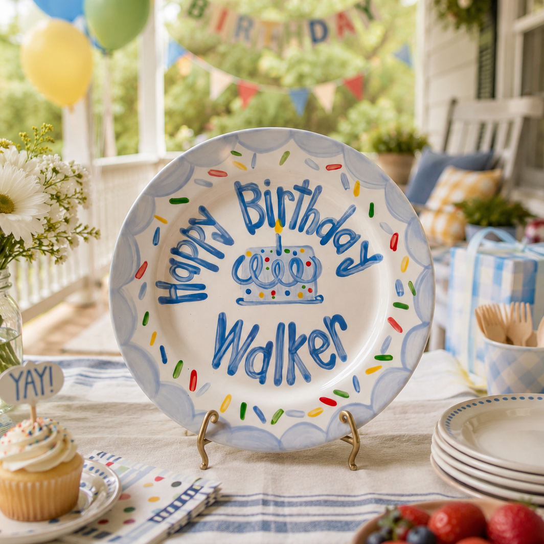 Custom Name Birthday Plate – Blue Scalloped Sprinkle Cake Design | BHL014