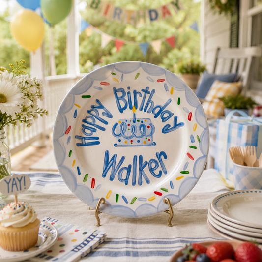 Custom Name Birthday Plate – Blue Scalloped Sprinkle Cake Design | BHL014