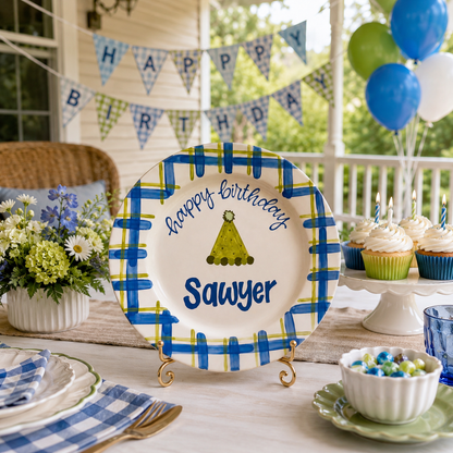 Personalized Birthday Plate – Custom Name with Blue Green Checkered Border – Birthday Celebration | BGI006