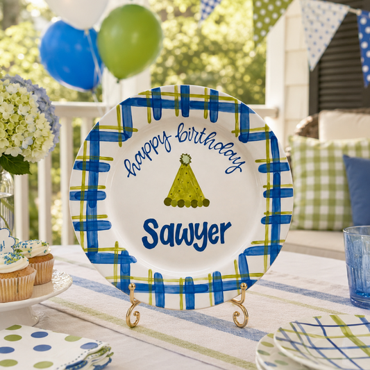 Personalized Birthday Plate – Custom Name with Blue Green Checkered Border – Birthday Celebration | BGI006