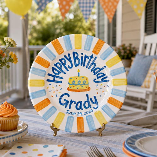 Custom Name Birthday Plate – Multicolor Stripe Border & Cake Design | B100