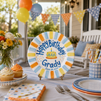Custom Name Birthday Plate – Multicolor Stripe Border & Cake Design | B100
