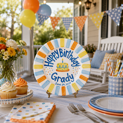 Custom Name Birthday Plate – Multicolor Stripe Border & Cake Design | B100
