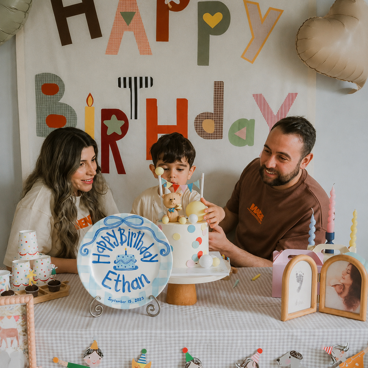 Blue Gingham Edge Birthday Plate, Hand-Painted Blue Ribbon & Cake Design, Custom Name Ceramic Plate | B012