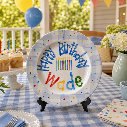 Custom Name Birthday Plate – Blue Checkered Border & Candle Design | BHL015