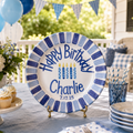 Custom Hand Painted Ceramic Birthday Plate, Blue Striped Candle Dish, Personalized Birthday Plate Date, First Birthday Gift Boy | B084