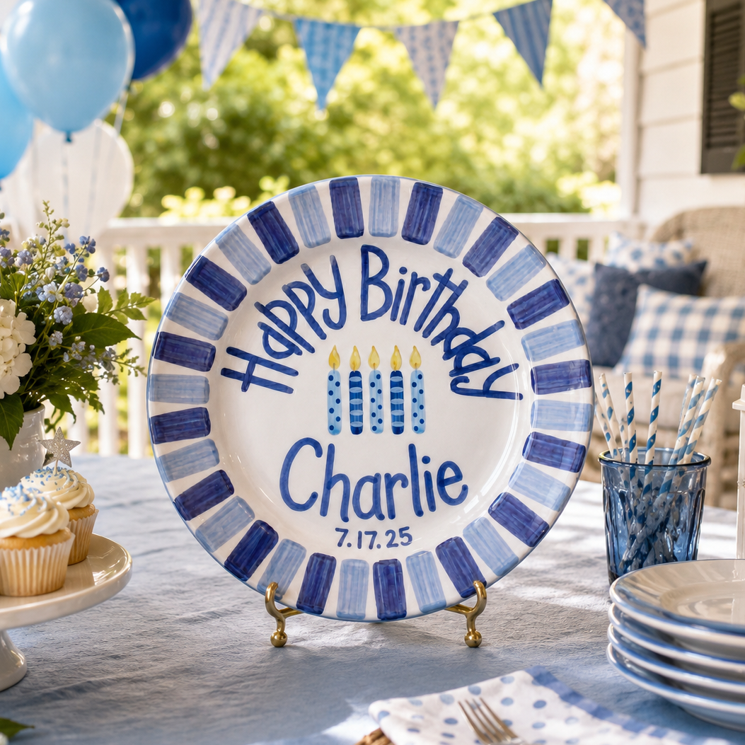 Custom Hand Painted Ceramic Birthday Plate, Blue Striped Candle Dish, Personalized Birthday Plate Date, First Birthday Gift Boy | B084