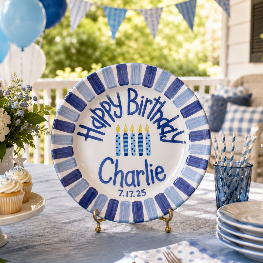 Personalized Blue Birthday Plate, Custom Ceramic Birthday Dish, Blue Striped Candle Plate, Boys Birthday Tradition Heirloom Keepsake | B084