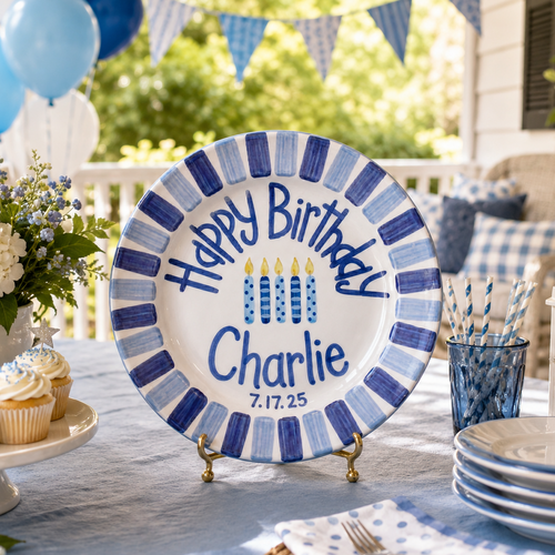 Custom Hand Painted Ceramic Birthday Plate, Blue Striped Candle Dish, Personalized Birthday Plate Date, First Birthday Gift Boy | B084