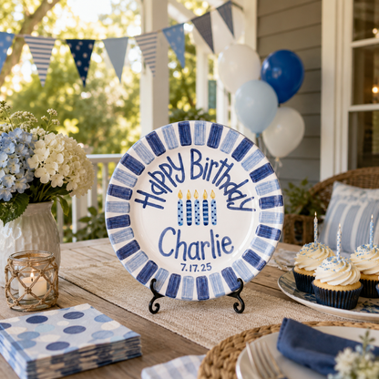 Custom Hand Painted Ceramic Birthday Plate, Blue Striped Candle Dish, Personalized Birthday Plate Date, First Birthday Gift Boy | B084