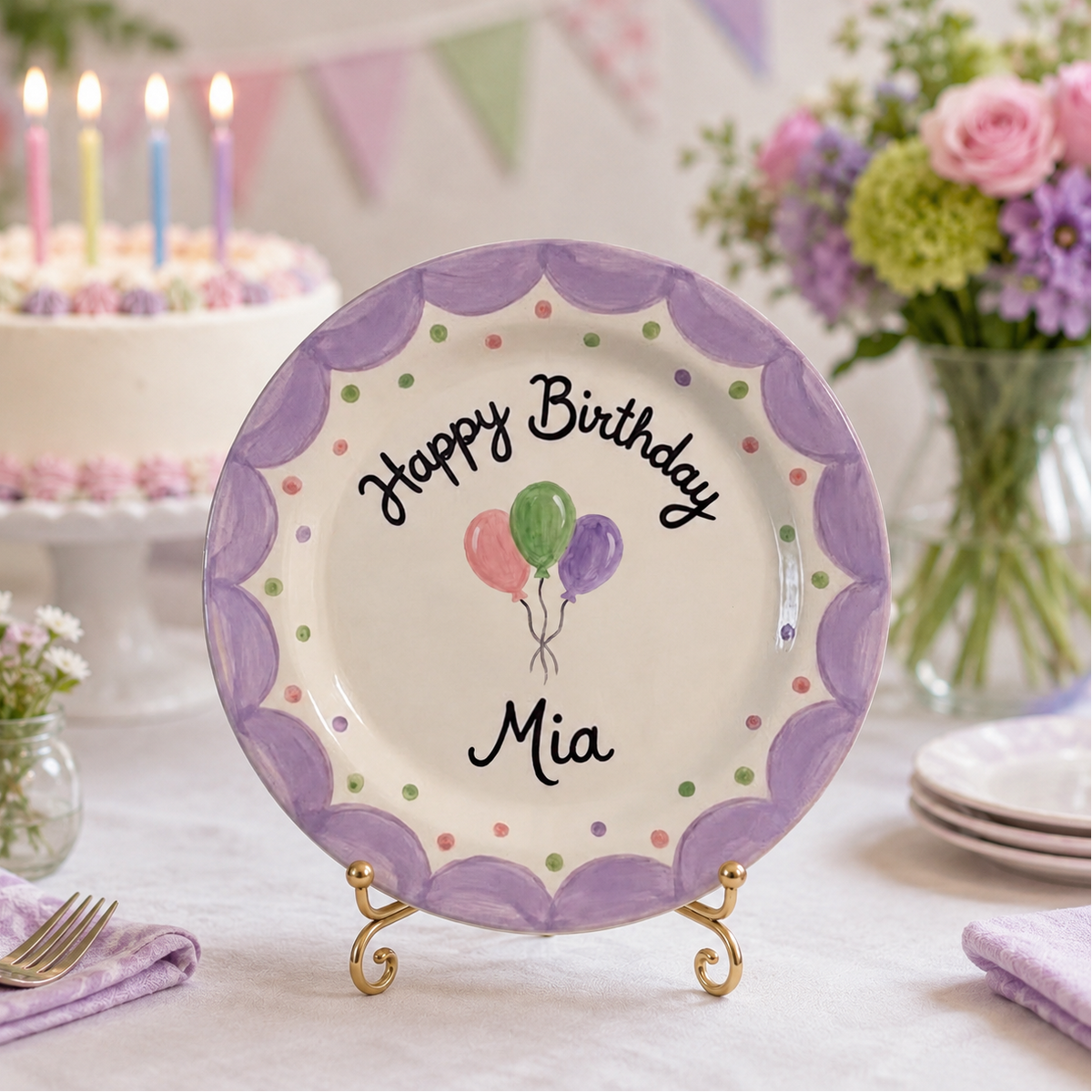 Custom Hand Painted Ceramic Birthday Plate, Lavender Scalloped Dish, Personalized Birthday Plate, First Birthday Gift Girl | B022