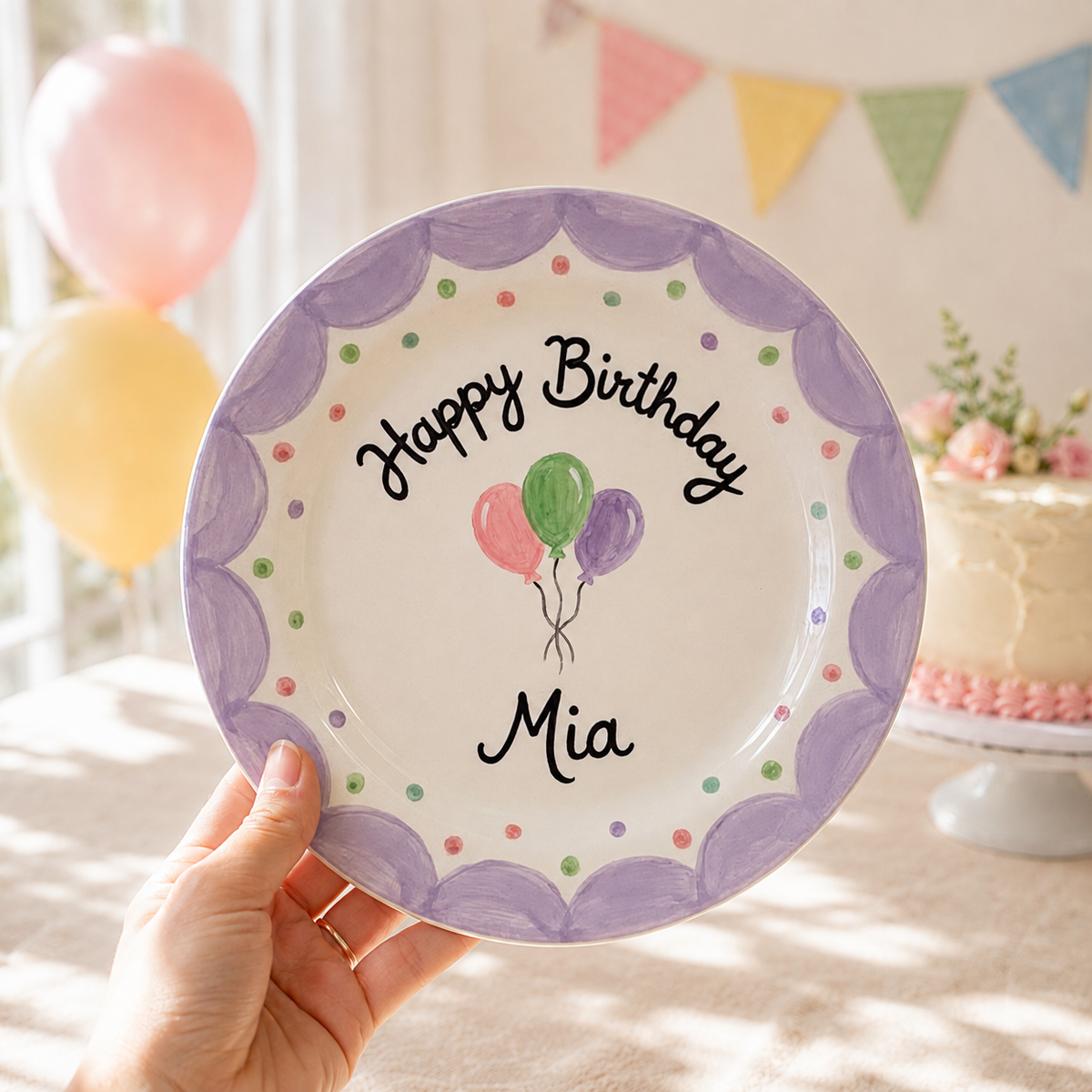 Custom Hand Painted Ceramic Birthday Plate, Lavender Scalloped Dish, Personalized Birthday Plate, First Birthday Gift Girl | B022