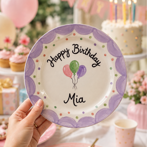 Personalized Purple Birthday Plate, Custom Ceramic Birthday Dish, Purple Scallop Balloon Plate, Girls Birthday Heirloom Keepsake | B022