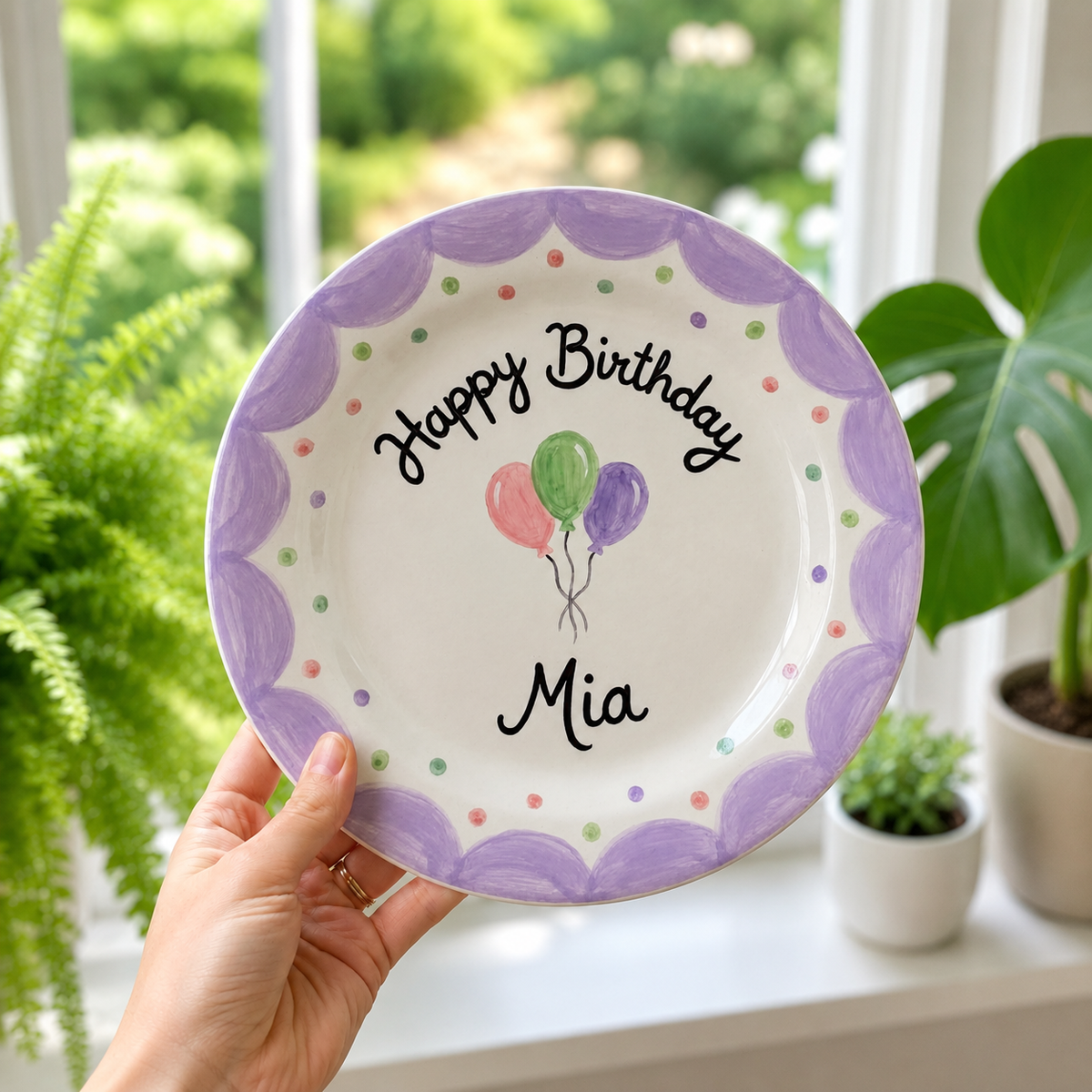 Custom Hand Painted Ceramic Birthday Plate, Lavender Scalloped Dish, Personalized Birthday Plate, First Birthday Gift Girl | B022