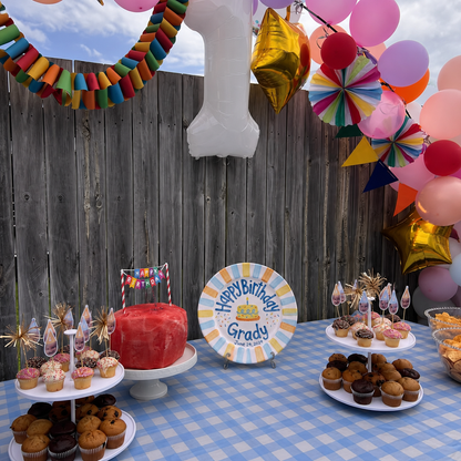 Personalized Birthday Plate – Yellow Cake & Multicolor Striped Border Design | B100