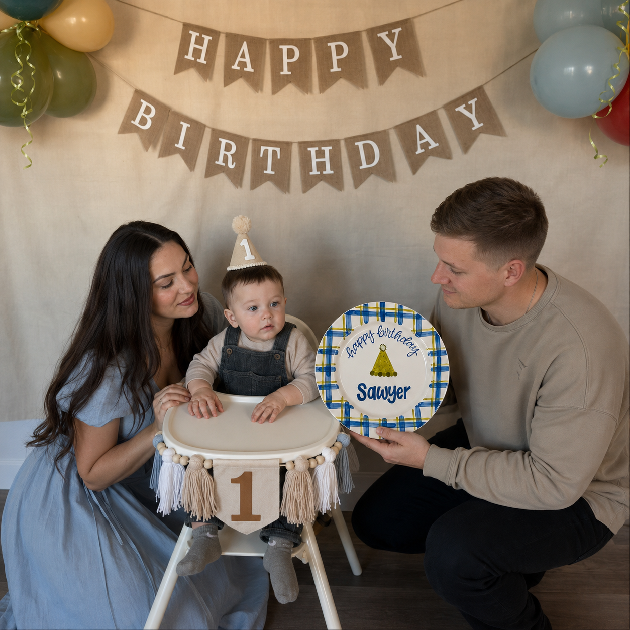 Personalized Birthday Plate – Custom Name with Blue Green Checkered Border – Birthday Celebration | BGI006