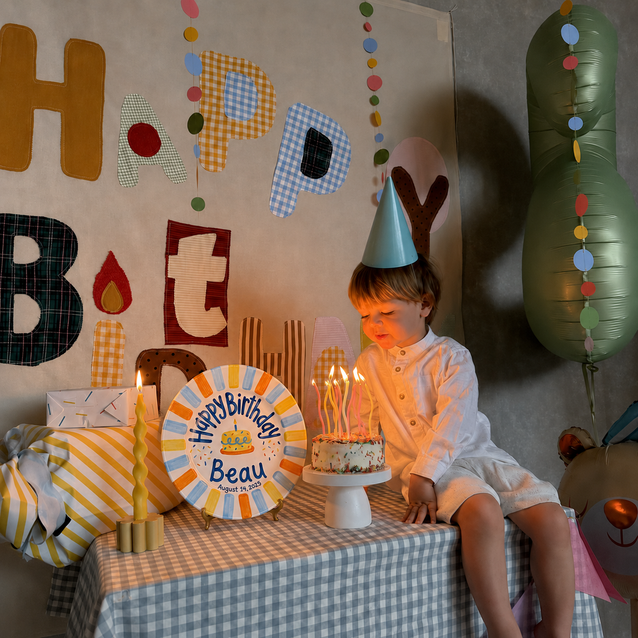 Personalized Birthday Plate – Yellow Cake & Multicolor Striped Border Design | B100