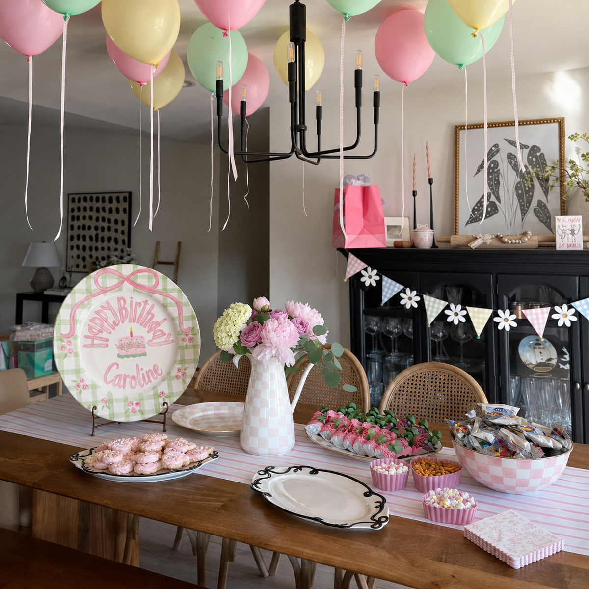 Personalized Birthday Plate – Green Gingham Bow & Rose Cake Design | B001