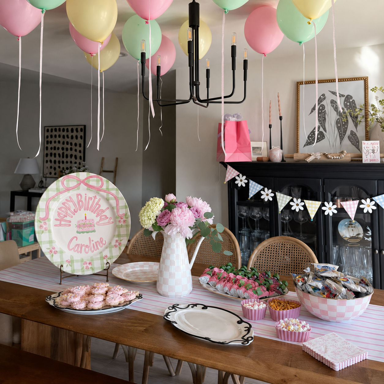 Custom Name Birthday Plate – Green Gingham Pink Bow & Rose Cake Design | B001