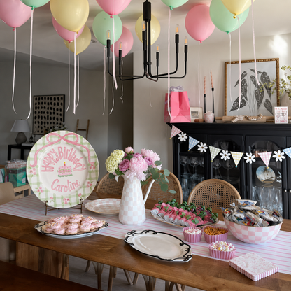 Custom Name Birthday Plate – Green Gingham Pink Bow & Rose Cake Design | B001