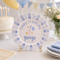 Custom Hand Painted Ceramic Birthday Plate, Blue Striped Goose Dish, Personalized Birthday Plate Date, First Birthday Gift Boy | BGI017
