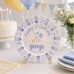 Custom Hand Painted Ceramic Birthday Plate, Blue Striped Goose Dish, Personalized Birthday Plate Date, First Birthday Gift Boy | BGI017