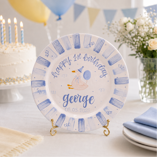 Custom Hand Painted Ceramic Birthday Plate, Blue Striped Goose Dish, Personalized Birthday Plate Date, First Birthday Gift Boy | BGI017