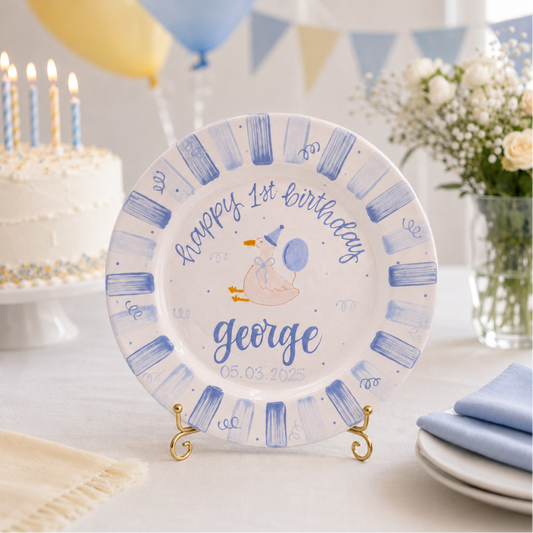 Custom Hand Painted Ceramic Birthday Plate, Blue Striped Goose Dish, Personalized Birthday Plate Date, First Birthday Gift Boy | BGI017