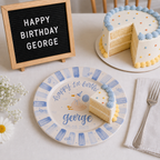 Custom Hand Painted Ceramic Birthday Plate, Blue Striped Goose Dish, Personalized Birthday Plate Date, First Birthday Gift Boy | BGI017